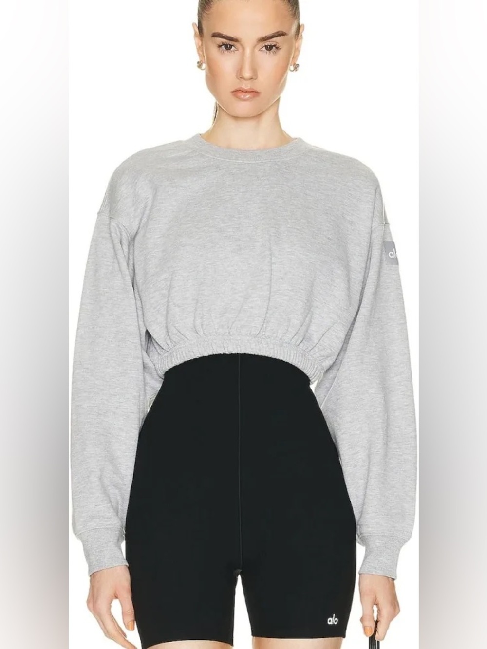 ALO YOGA Devotion Cropped Crewneck Sweatshirt Heather Grey Size Small